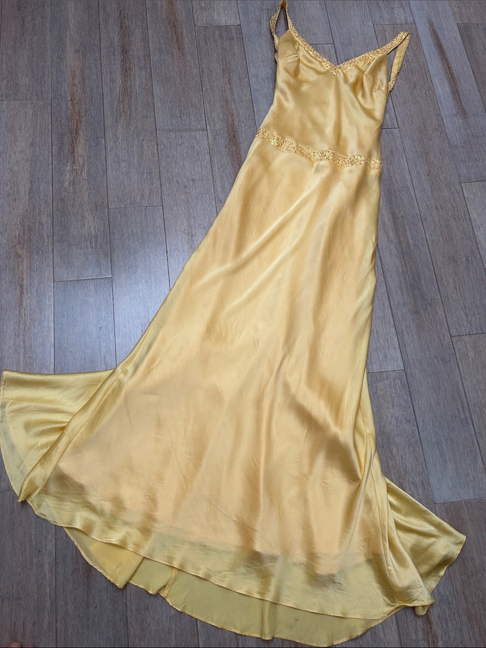 VTG Cache Yellow Silk Slip Maxi Dress with Sequin Beaded waist criss cross back
